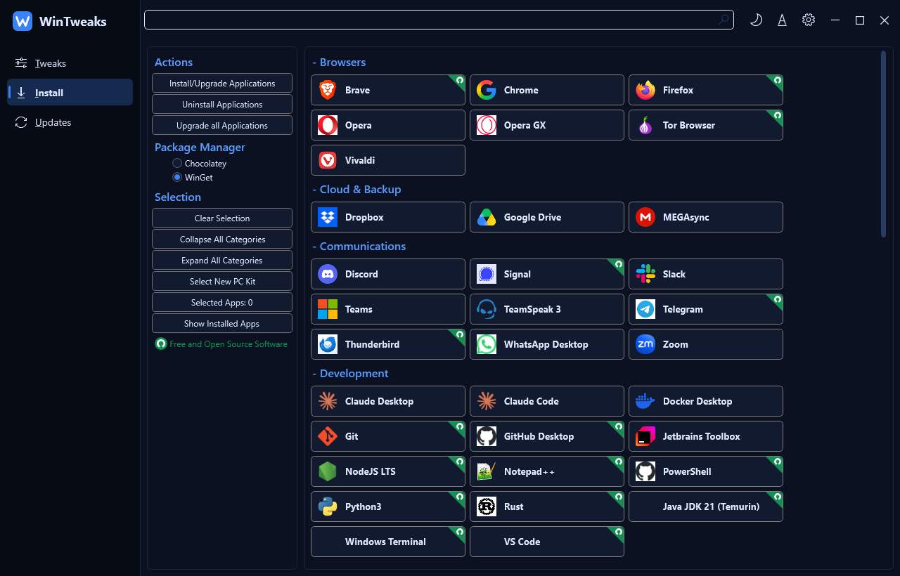 The WinTweaks Install page with curated apps grouped by category